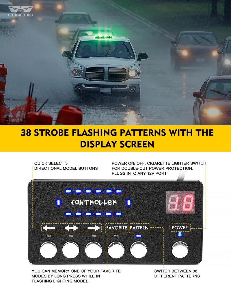 LUMENIX Rooftop Strobe Beacon Lights White Green LED Emergency Flashing Warning Caution Traffic Light Bar for Law Enforcement POV Vehicles Snowplow Trucks - American Flag Pattern | Patented Design - Image 4